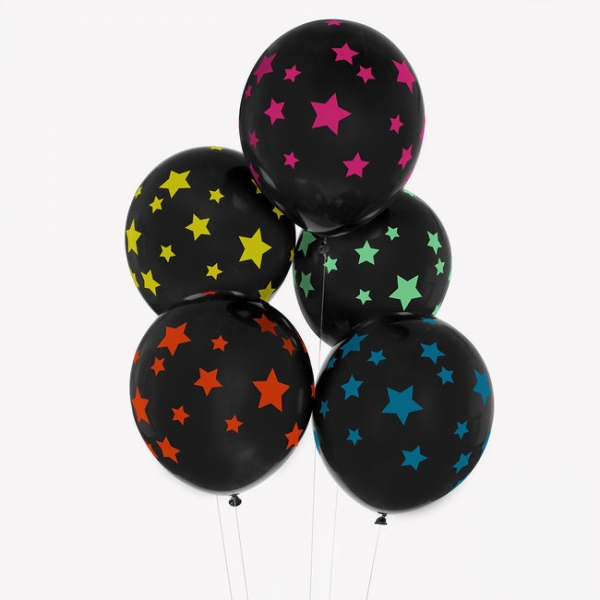 5 Balões Impressos Pretos Estrelas Disco